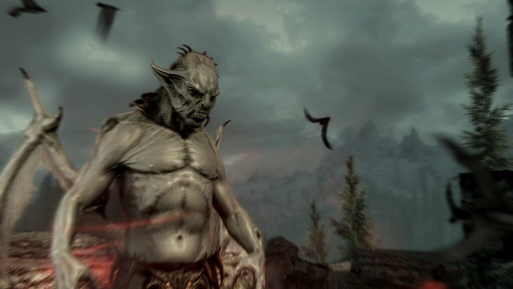 The Elder Scrolls Online - vampiro con forma de Señor de la Noche, piel pálida y murciélagos volando en un paisaje oscuro y brumoso