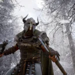 Mortal Online 2 - personaje con casco de cuernos y armas en un bosque nevado