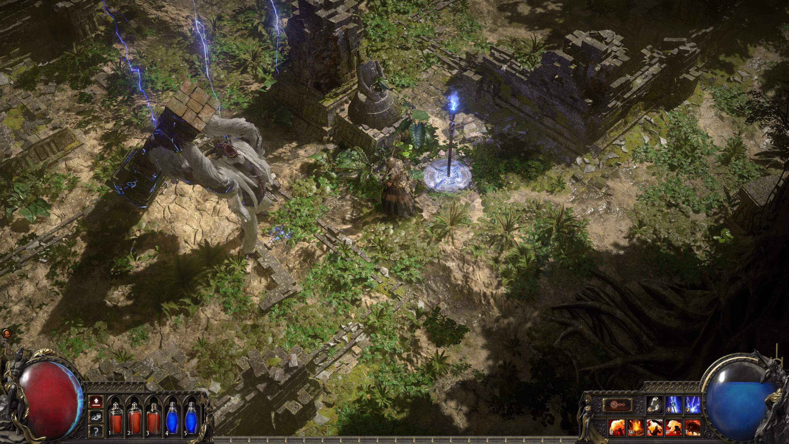 Path of Exile 2 - combate contra un enemigo usando magia oscura