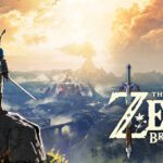 Zelda Tears of the Kingdom - Link sujetando la Espada Maestra frente al logo del juego sobre Hyrule