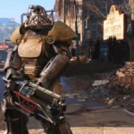 Fallout 4 - Soldado con armadura de energía patrullando las ruinas de Boston