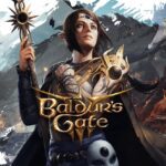 Baldur's Gate 3 - Arte oficial del protagonista con armadura y bastón mágico ante un paisaje de batalla