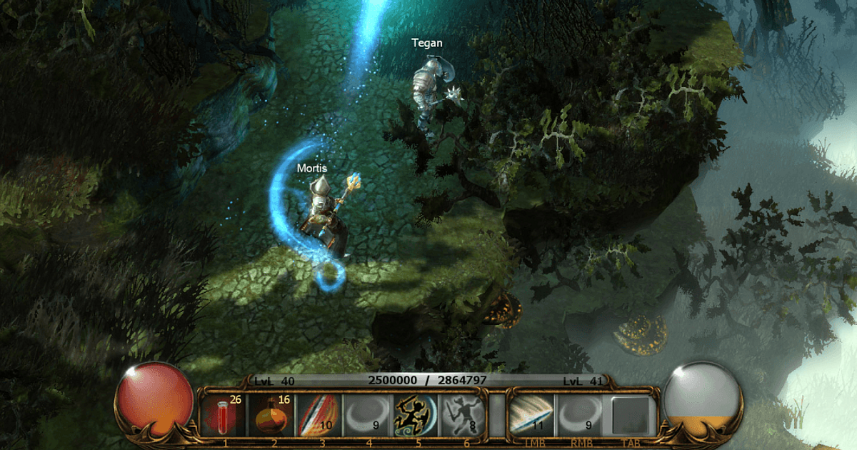 Drakensang Online - escena de pantano con dos personajes del juego