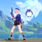 Genshin Impact - personajes del juego en el mundo de Teyvat con armas equipadas