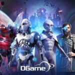 OGame - personajes del universo intergaláctico junto al logotipo del juego en una escena espacial