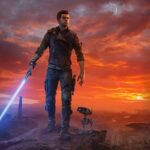 Star Wars Jedi Survivor - Cal Kestis con su sable láser azul frente a un atardecer