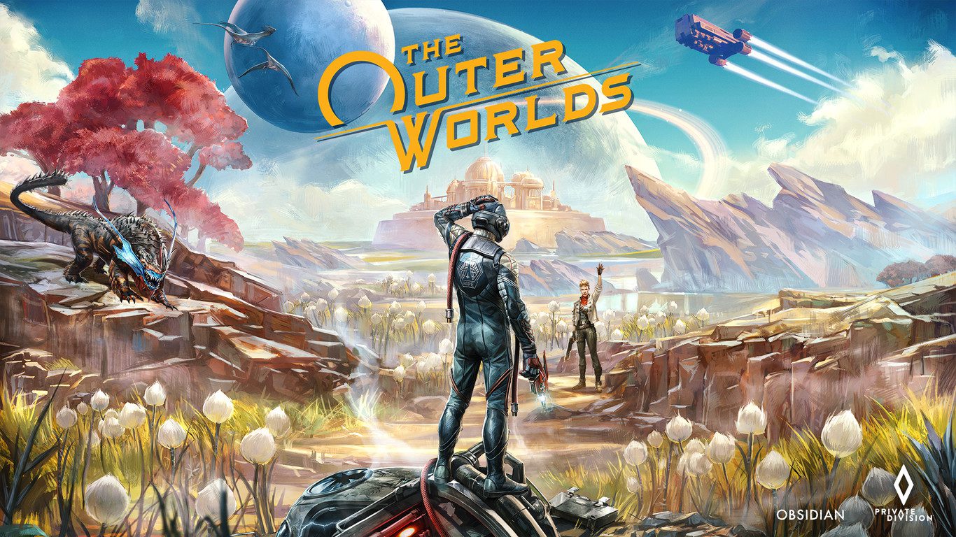 The Outer Worlds - Portada oficial con el protagonista y un companero
