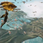 Towers of Aghasba - protagonista planeando con parapente sobre la isla junto a criaturas voladoras