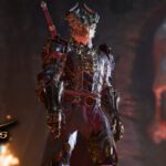 Baldur's Gate 3 - Personaje dracónido con armadura completa junto al logotipo del juego