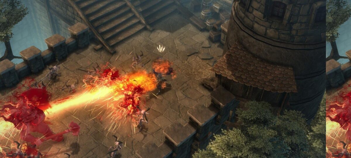 Drakensang Online - combate de una hechicera lanzando un hechizo de fuego contra una horda de enemigos en las murallas de un castillo