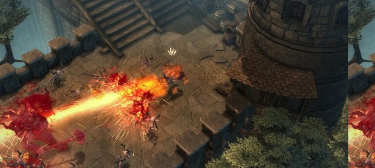 Drakensang Online - combate de una hechicera lanzando un hechizo de fuego contra una horda de enemigos en las murallas de un castillo