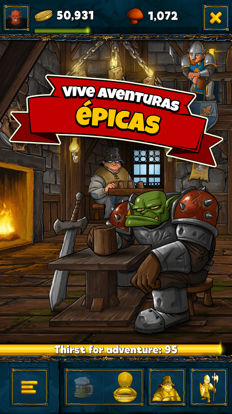 Shakes and Fidget - pantalla del juego con personaje equipado y estadísticas de combate