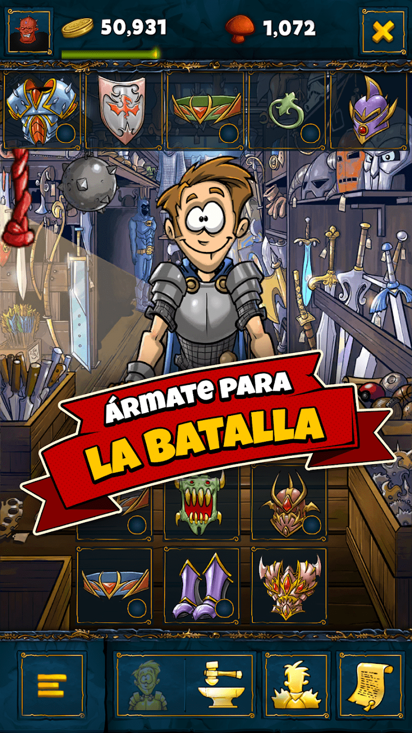 Shakes and Fidget - pantalla de inventario con equipo de personaje y recursos acumulados