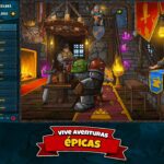 Shakes and Fidget - taberna principal con acceso a tienda, mazmorras y arena, y banner de bienvenida del juego