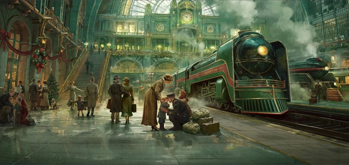 Forge of Empires - Tren navideño Sleighride Express llegando a la estación durante el Evento de Invierno