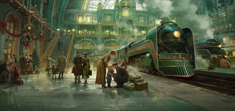 Forge of Empires - Tren navideño Sleighride Express llegando a la estación durante el Evento de Invierno