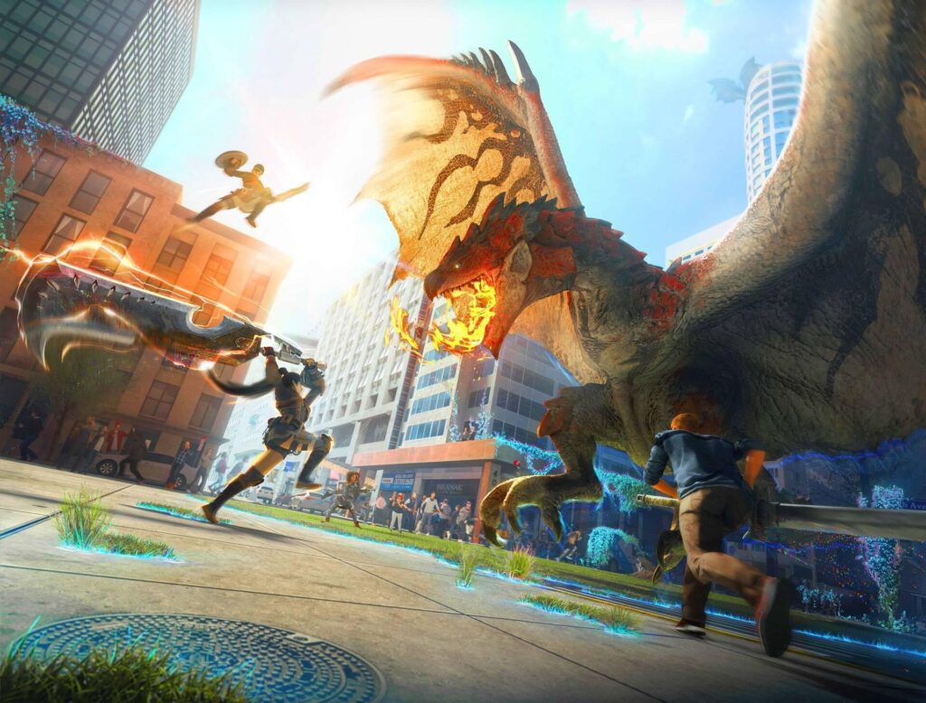 Monster Hunter Now - cazadores enfrentándose a un monstruo colosal en plena ciudad