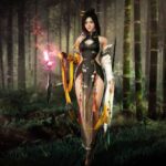 Black Desert Online - Kunoichi con un arma de energía rosa brillante en un bosque de bambú