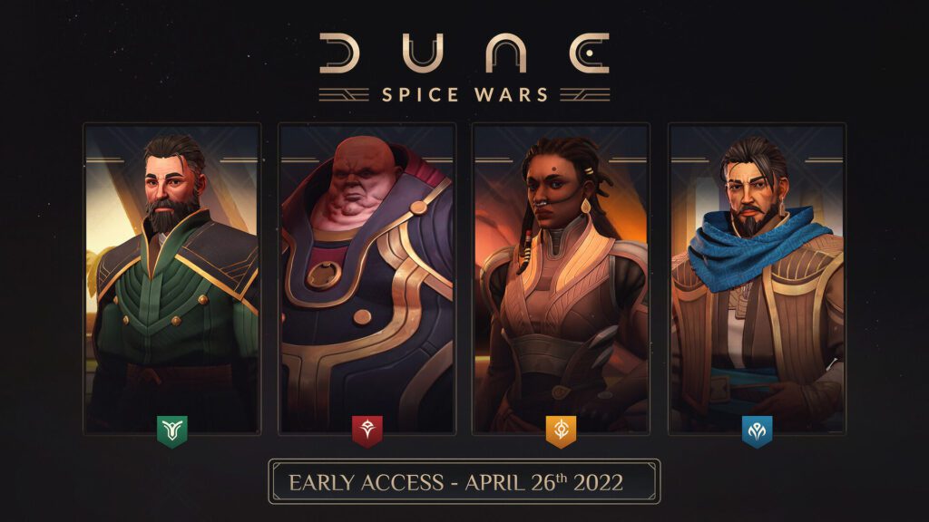 Dune: Spice Wars - arte oficial con los líderes de las facciones jugables en Arrakis
