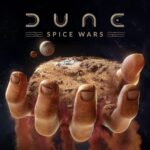 Dune: Spice Wars - key art del planeta Arrakis sostenido por una mano con el logo del juego