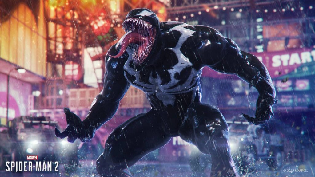 Marvel's Spider-Man 2 - Venom en posición amenazante en una calle de Nueva York