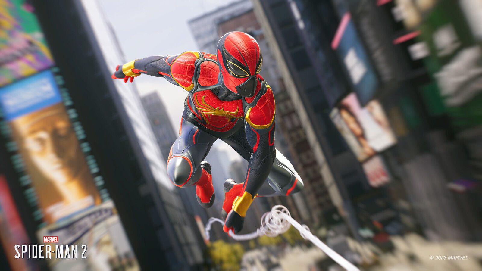 Marvel's Spider-Man 2 - Peter Parker con el traje avanzado usando las alas de telaraña sobre Nueva York