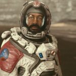 Starfield - astronauta con traje espacial y casco explorando la superficie de un planeta