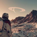 Starfield - Un explorador contempla un planeta con anillos desde la superficie de una luna