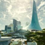 Starfield - ciudad futurista con una torre de cristal verde y una nave surcando el cielo