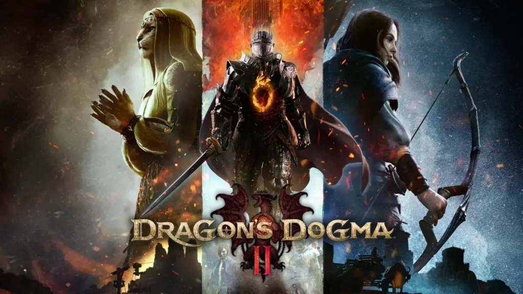 Dragon's Dogma 2 - portada oficial con el caballero, la vidente beastren y la arquera protagonistas