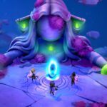 Fae Farm - personaje usando magia junto a un portal luminoso en la isla de Azoria