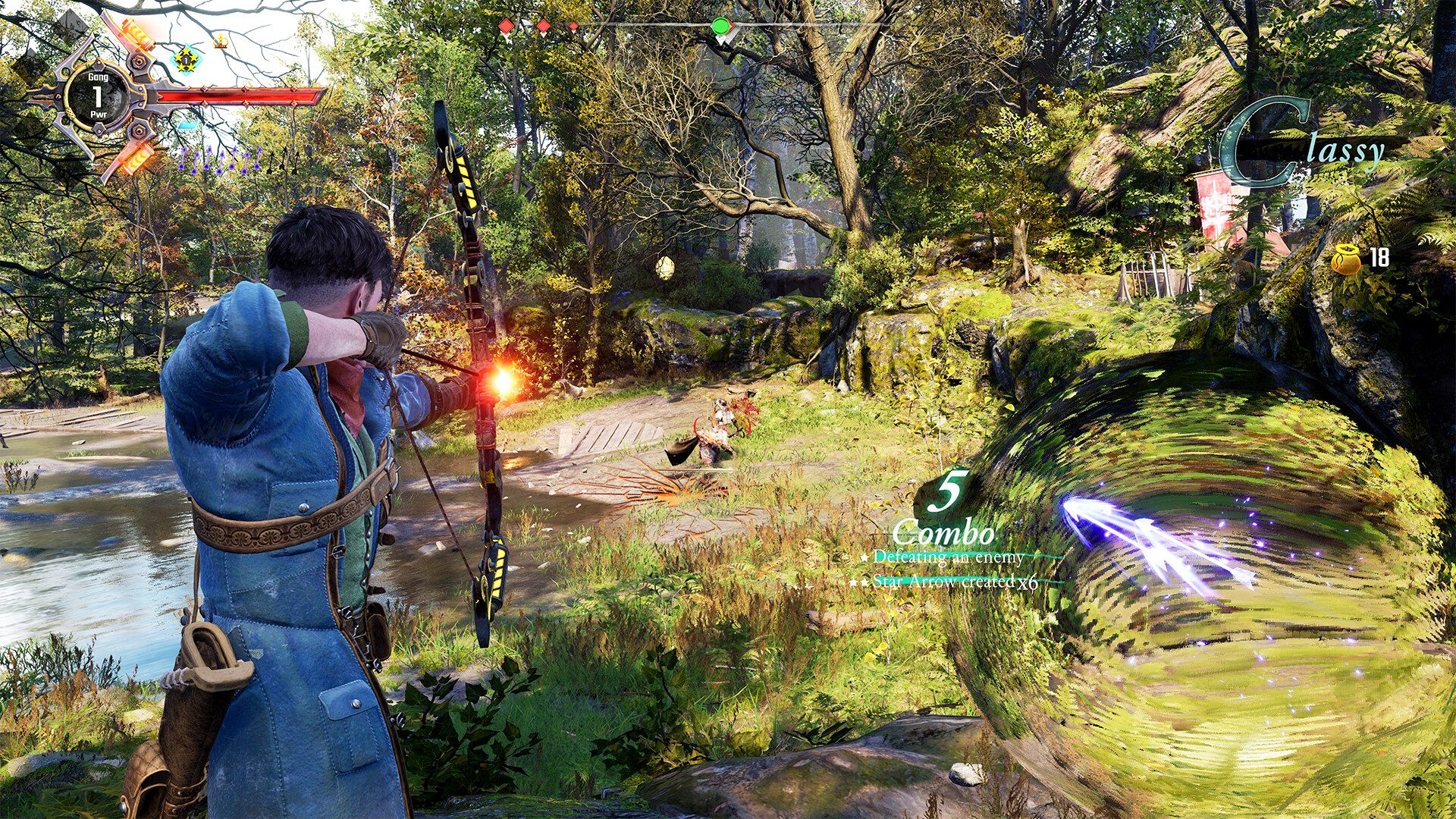 Gangs of Sherwood - Robin apunta con el arco mientras encadena un combo de cinco golpes en el bosque