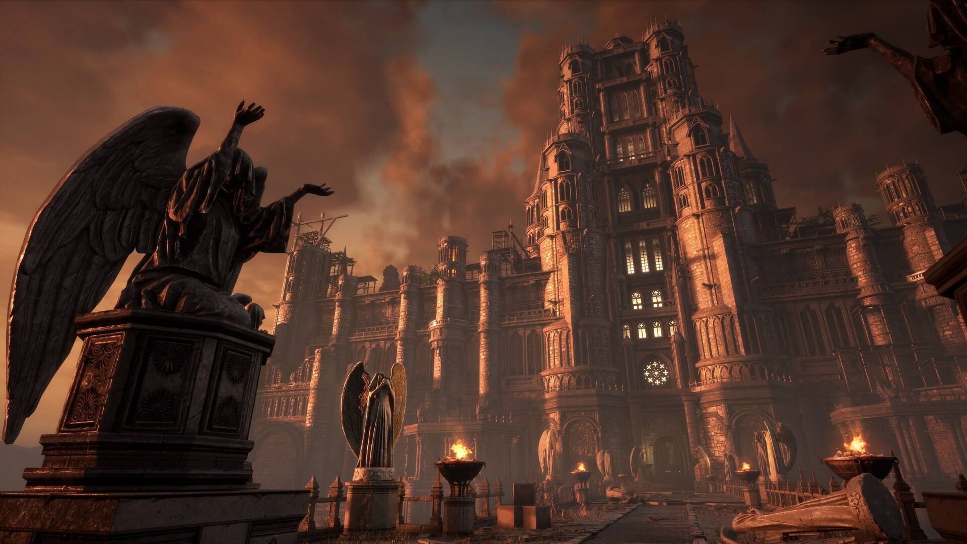 Lies of P - Catedral gótica con estatuas aladas y braseros encendidos al atardecer