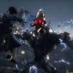 Lies of P - personaje robot de Krat en ambiente oscuro neovictoriano con efectos de rayo