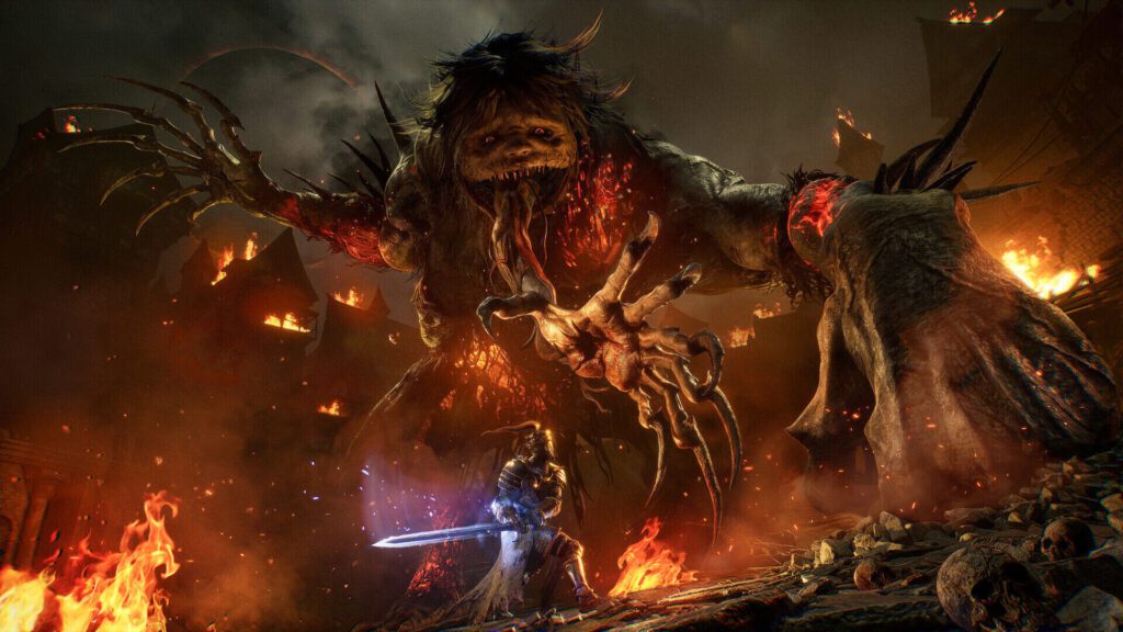 Lords of the Fallen - Portada oficial con el Cruzado Oscuro combatiendo contra una criatura colosal