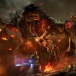 Lords of the Fallen - Portada oficial con el Cruzado Oscuro combatiendo contra una criatura colosal