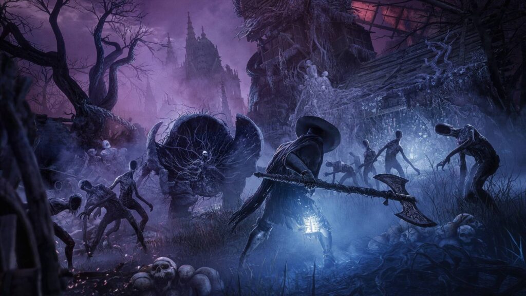 Lords of the Fallen - el Cruzado Oscuro se enfrenta a criaturas del Umbral junto a un asentamiento en ruinas
