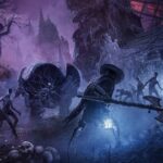 Lords of the Fallen - el Cruzado Oscuro se enfrenta a criaturas del Umbral junto a un asentamiento en ruinas