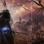 Lords of the Fallen - el protagonista frente al paisaje oscuro y en llamas del reino de Mournstead