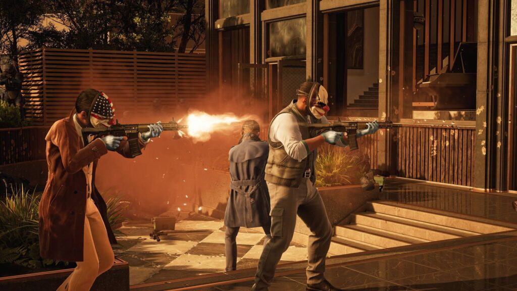 PayDay 3 - atracadores enmascarados disparando durante un golpe nocturno