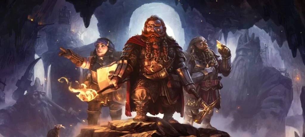 The Lord of the Rings: Return to Moria - portada con la compañía de enanos ante las puertas de Moria