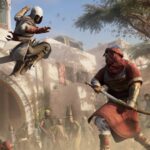 Assassin's Creed Mirage - Basim saltando junto a un guardia en las calles de Bagdad