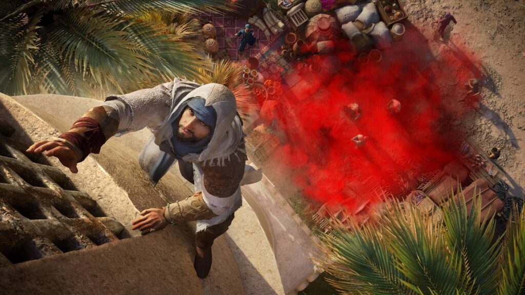 Assassin's Creed Mirage - Basim en plena escena de combate sigiloso con efecto de humo rojo