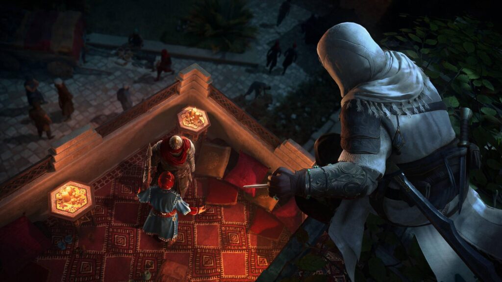 Assassin's Creed Mirage - Basim en los tejados de Bagdad con su atuendo de Oculto