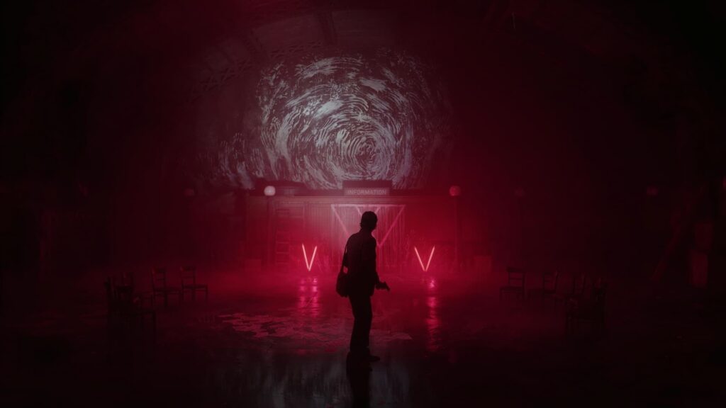 Alan Wake 2 - Portada del juego con Alan Wake en el Lugar Oscuro frente a una luz roja