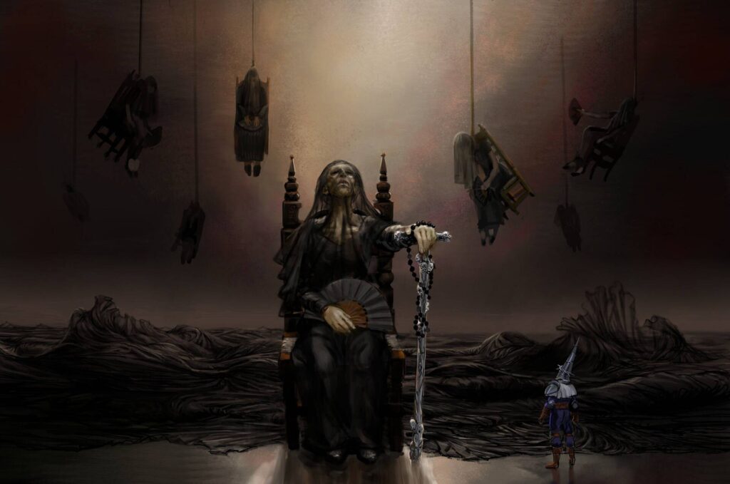 Blasphemous 2 - El Penitente junto a figuras encapuchadas colgando en una escena oscura y ceremonial de Cvstodia
