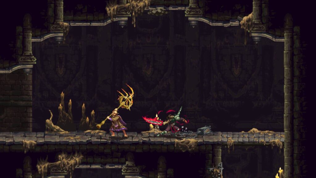 Blasphemous 2 - El Penitente en combate con armadura completa en el mundo oscuro de Cvstodia