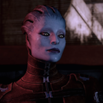 Mass Effect 2 - Morinth observando con expresión seria en su apartamento de Illium