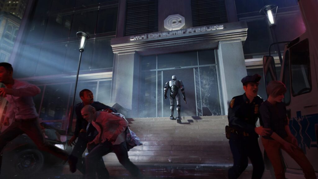 RoboCop: Rogue City - RoboCop frente al edificio OCP en el Viejo Detroit