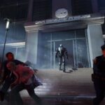 RoboCop: Rogue City - RoboCop frente al edificio OCP en el Viejo Detroit
